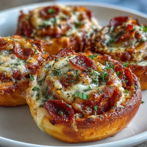 Golden, flaky pizza pinwheels bursting with melted mozzarella, zesty marinara, and savory pepperoni slices.