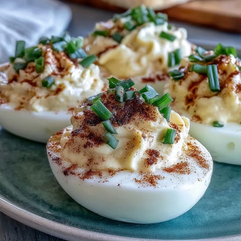 Classic deviled eggs with paprika and chives, creamy yolk filling piped into halved egg whites.  