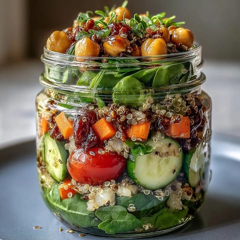 Colorful mason jar salads packed with crisp veggies, chickpeas, and protein, ready for the week.