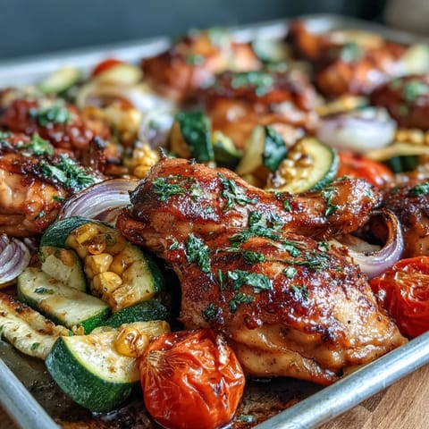 Sheet Pan Chicken with Zucchini and Corn - golden chicken breasts roasted with fresh zucchini, sweet corn, and cherry tomatoes for a colorful, healthy dinner.