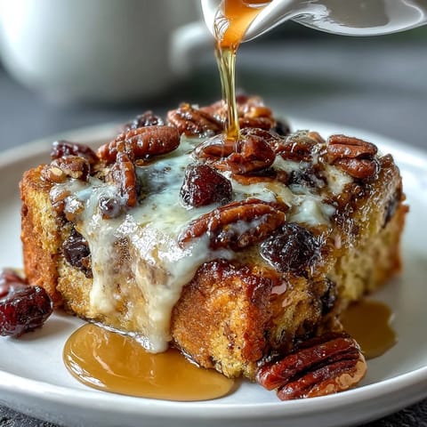 Layered Mexican Capirotada bread pudding with golden raisins, shredded cheese, and cinnamon-infused piloncillo syrup, baked until bubbling.  