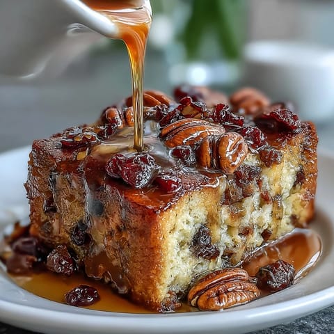 Warm cinnamon and piloncillo syrup drizzle over toasted bread, with raisins and melted cheese, in a classic Mexican Capirotada dessert.  