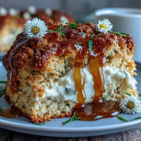 Warm golden scones infused with delicate dandelion honey, topped with a generous dollop of clotted cream for a classic British treat.