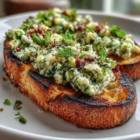 Fresh fava bean and mint bruschetta served on smoky grilled sourdough bread, perfect for spring appetizers.  