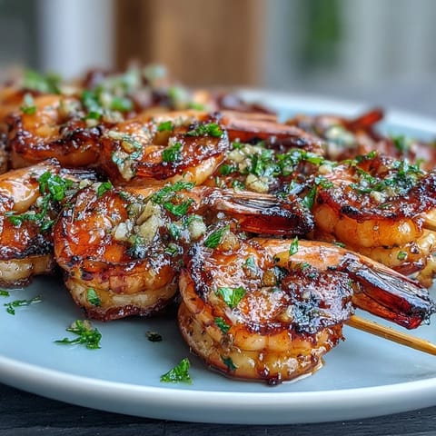 Juicy grilled honey garlic shrimp skewers with slight char, perfect for summer.
