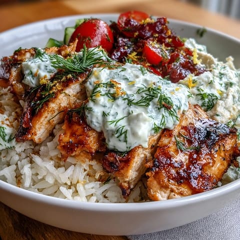 Tender grilled chicken tops a refreshing Greek Chicken Bowl with creamy tzatziki.