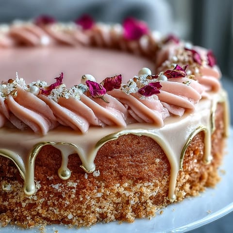 Decadent Bridal Shower Rosé Velvet Cake with luscious buttercream and gold accents.