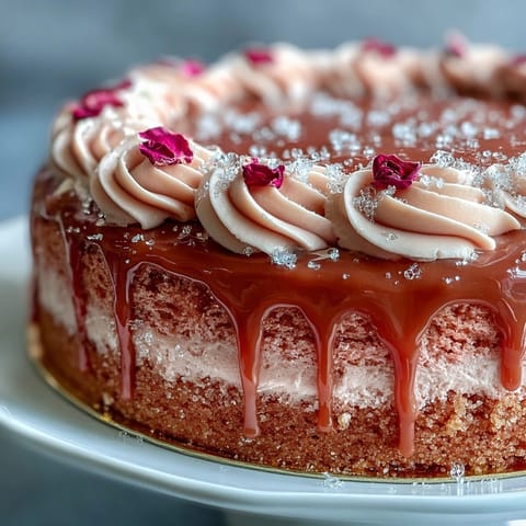 Elegant pink Bridal Shower Rosé Velvet Cake with shimmering gold drip.