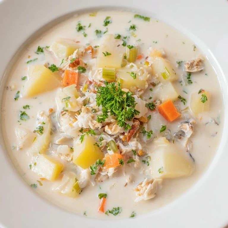 Garnish of fresh parsley atop a bowl of warm Clam Chowder, a comforting seafood soup.