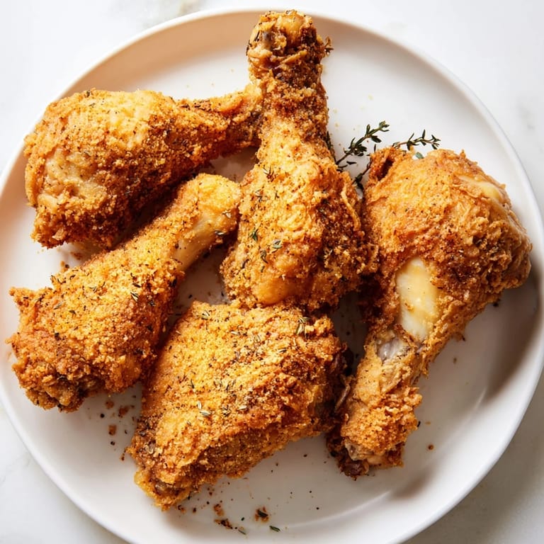 Close-up of freshly fried chicken with a crunchy, flavorful crust; ideal comfort food.