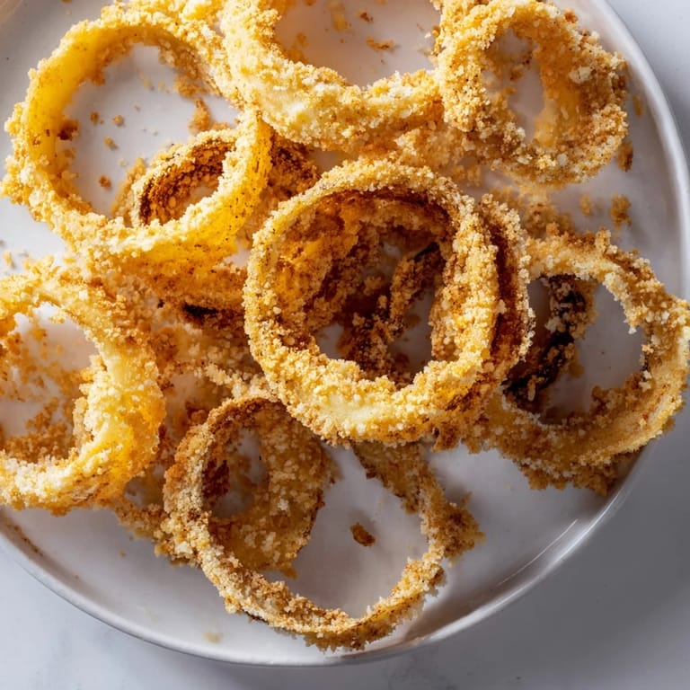 Close-up of golden brown, crunchy onion rings, a delicious vegetarian snack for sharing.