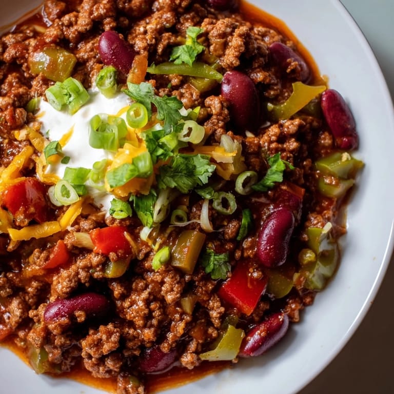 Close-up of Chili con Carne; the aroma of spices and fresh toppings make your mouth water.