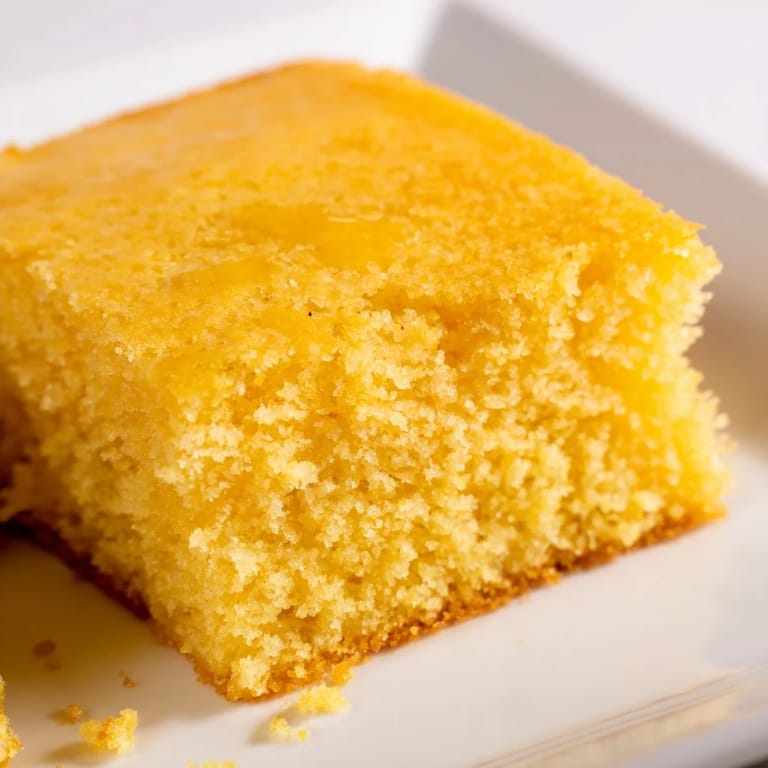 A warm slice of homemade cornbread, moist inside, perfect with a dollop of honey butter.
