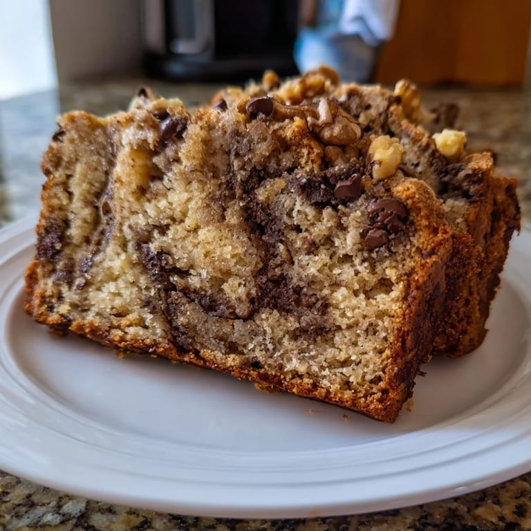 A close-up of freshly baked banana bread, its moist interior studded with nuts and chocolate chips.