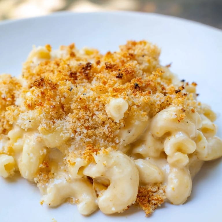 Creamy mac and cheese with a crispy breadcrumb topping, perfect for dinner tonight.