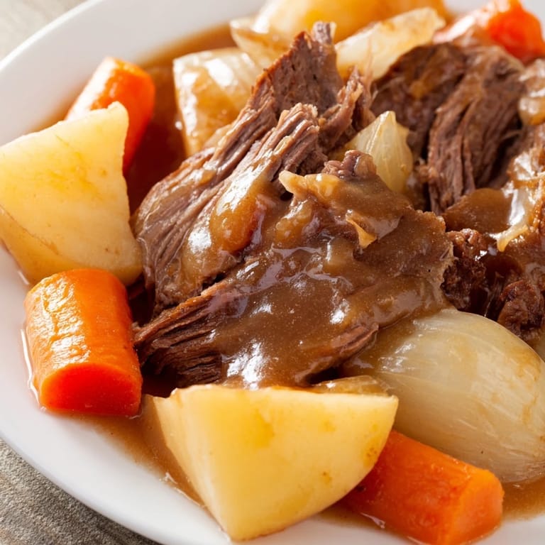 Fork-tender beef pot roast, beautifully braised, surrounded by soft vegetables, ready to serve heartily.