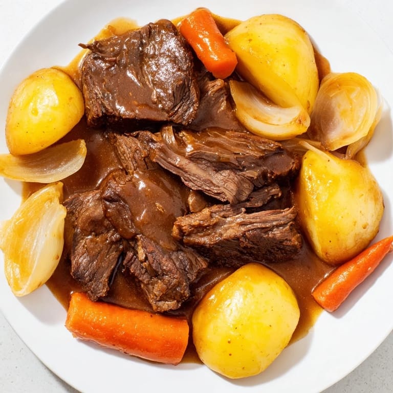 Warm, homemade beef pot roast, a comforting American classic, simmering with savory herbs and flavors.