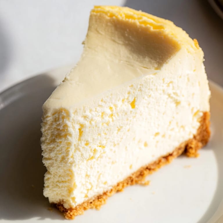 This New York cheesecake shows off a smooth, baked texture, ready to be sliced and enjoyed.