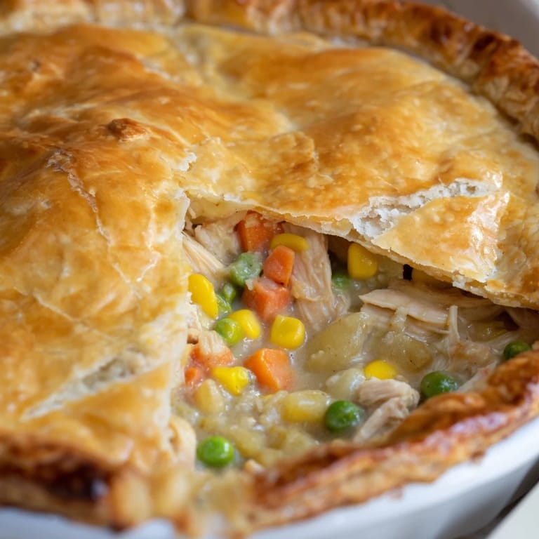 Flaky, golden-brown crust tops a steaming Chicken Pot Pie filled with tender vegetables and chicken.