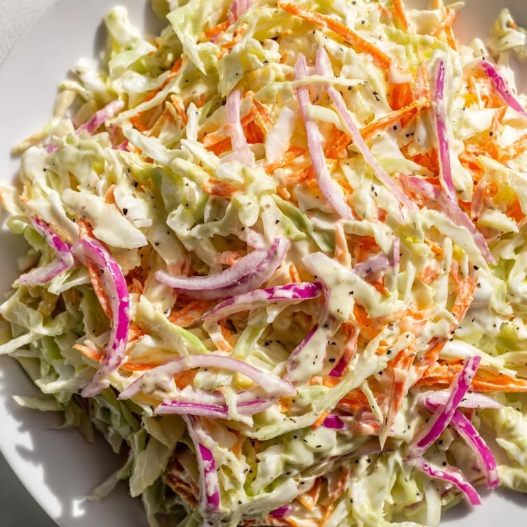 Creamy and tangy coleslaw, chilled and ready to serve, a delicious American side dish.