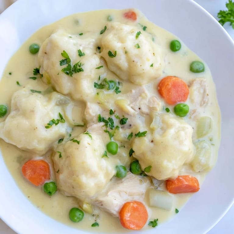 A close-up view of homemade Chicken and Dumplings showcasing tender chicken and soft, pillowy dumplings.