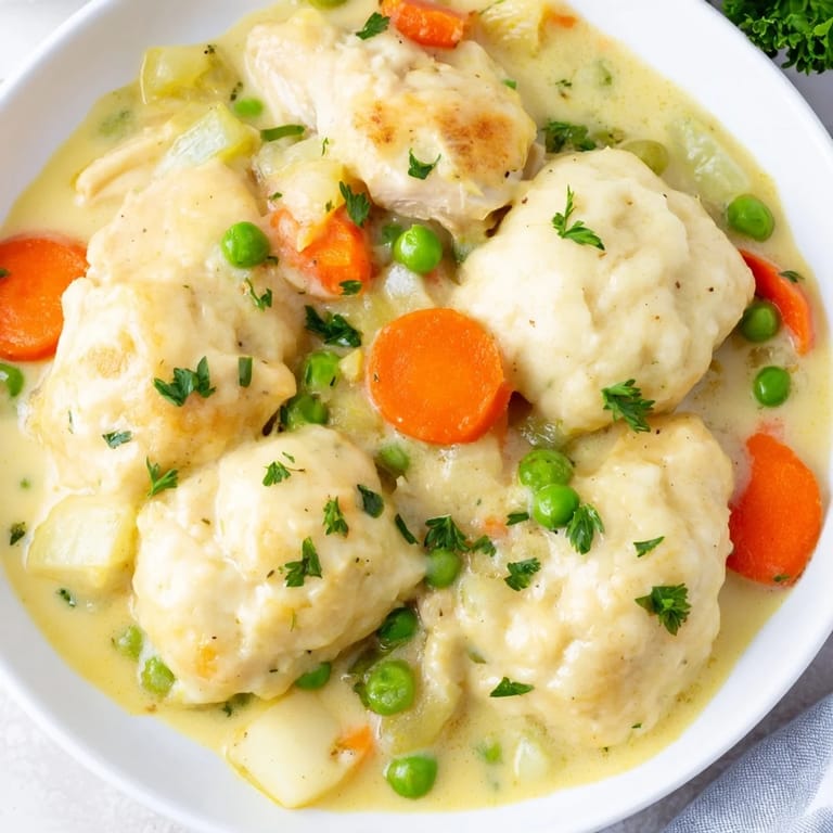 Hearty Chicken and Dumplings with fresh parsley garnish, perfect for a cozy, comforting meal on a cold day.