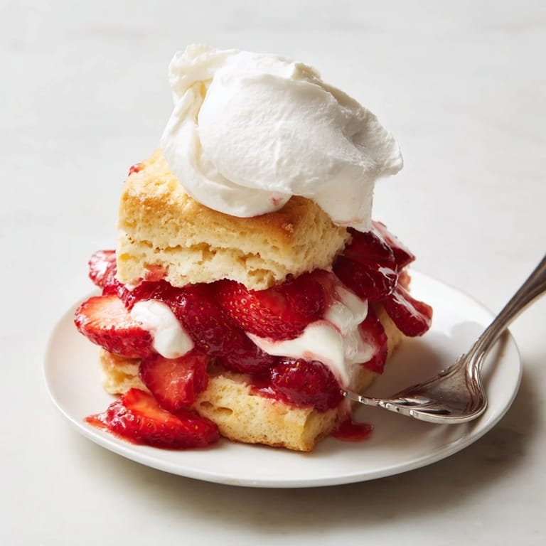 Freshly baked strawberry shortcakes, light biscuits layered with sweet strawberries and fluffy cream.