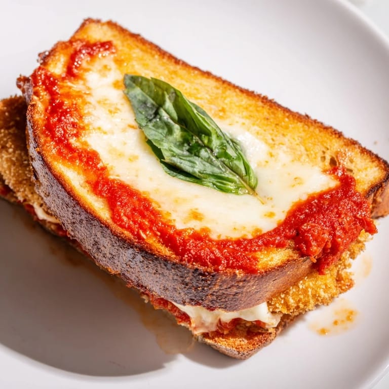 Fresh basil and rich marinara sauce peek out from inside this hearty Chicken Parm Grilled Cheese sandwich.  