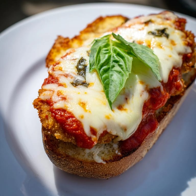 This Chicken Parm Grilled Cheese is served hot, cut in half to reveal gooey cheese and vibrant red sauce.