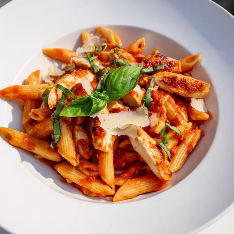 Sizzling chicken strips nestled in spicy tomato sauce over penne pasta, with a glass of red wine for pairing.