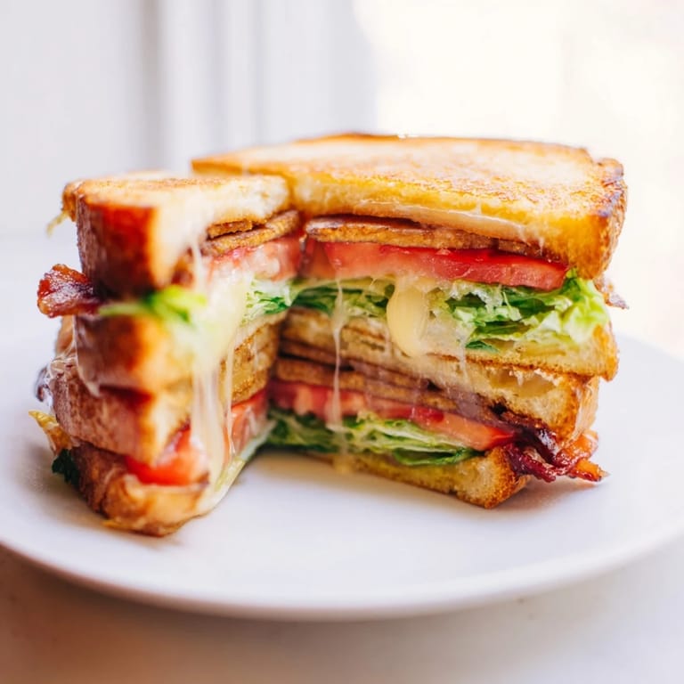 A comforting Vegan Bacon BLT Grilled Cheese, grilled to perfection, ready to be served with a side of soup.