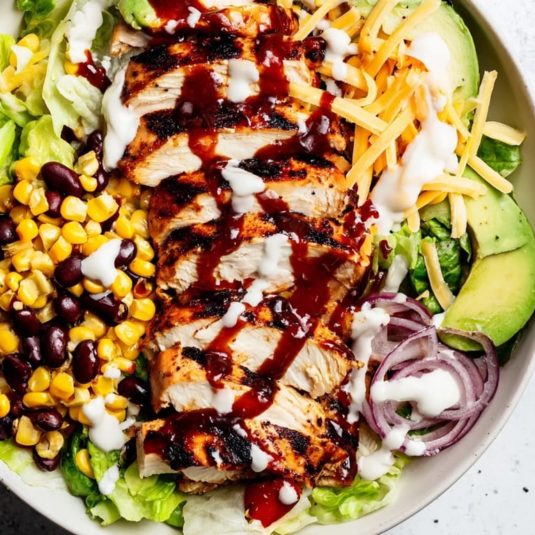 Vibrant BBQ Chicken Salad features juicy grilled chicken, sweet corn, fresh veggies, and a cool ranch drizzle for an American summer meal.