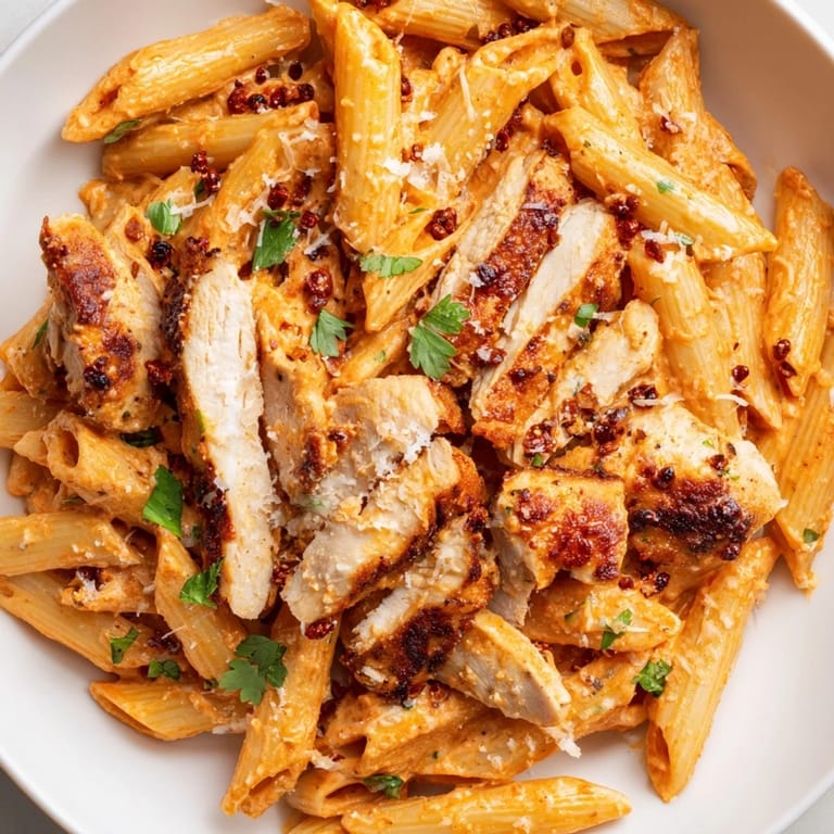 Honey Chipotle Chicken Pasta served in a skillet, featuring golden chicken slices and a vibrant, cheesy sauce coating the noodles.