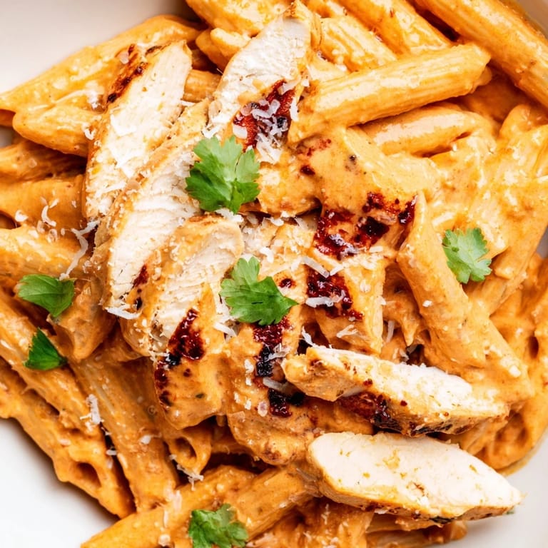 A close-up of Honey Chipotle Chicken Pasta, highlighting the glossy, spicy cream sauce and fresh herbs on top of the dish.