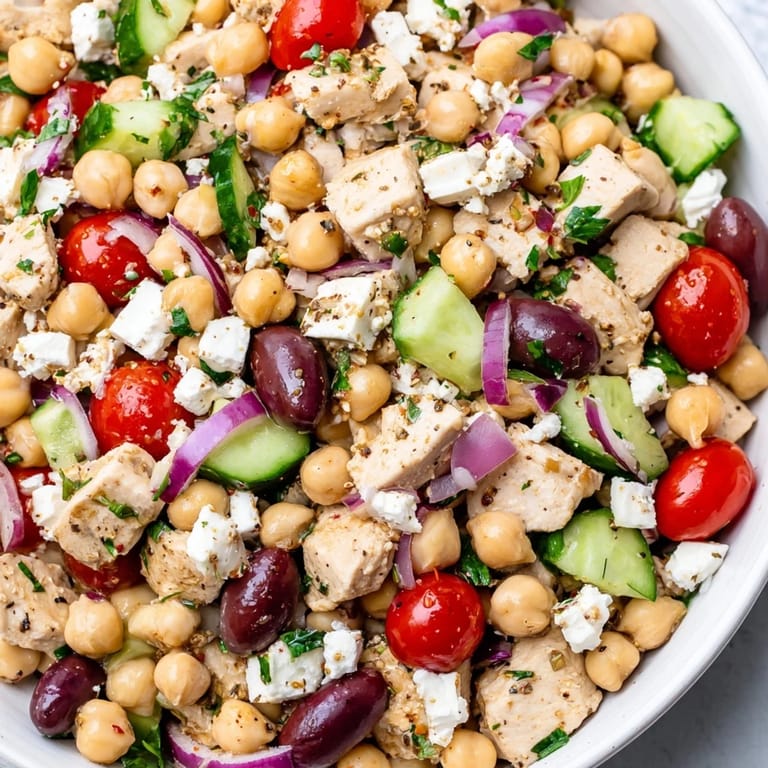 Perfect for a quick, high-protein lunch, this salad is served chilled and garnished with fresh parsley for extra flavor.  