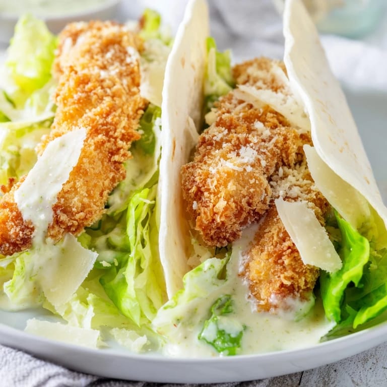 A close-up of a Crispy Chicken Caesar Wrap, showcasing the crunchy chicken, vibrant greens, and creamy Caesar dressing.