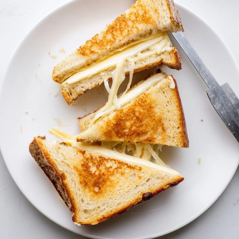 This Triple Cheese Sourdough Grilled Cheese features perfectly melted cheddar, provolone, and mozzarella between buttery, golden-brown slices of thick sourdough bread.