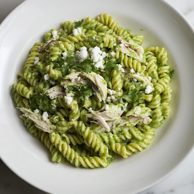 A close-up of bright green cilantro lime yogurt sauce clinging to rotini pasta and shredded chicken, ready to serve.