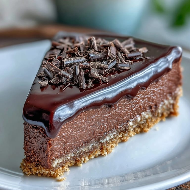 A plated serving of lighter chocolate cottage cheese cheesecake with chocolate shavings and berries.