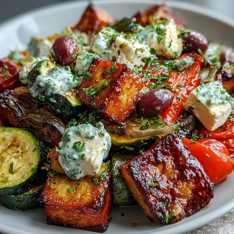 Savory roasted Greek salad with Mediterranean vegetables, cucumber, and a lemon-oregano dressing, served warm for a family-style meal.