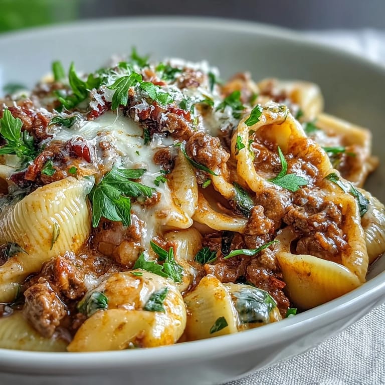 Spoonfuls of One Pot Creamy Beef and Shells reveal creamy shells and ground beef, garnished with fresh parsley on a rustic table.