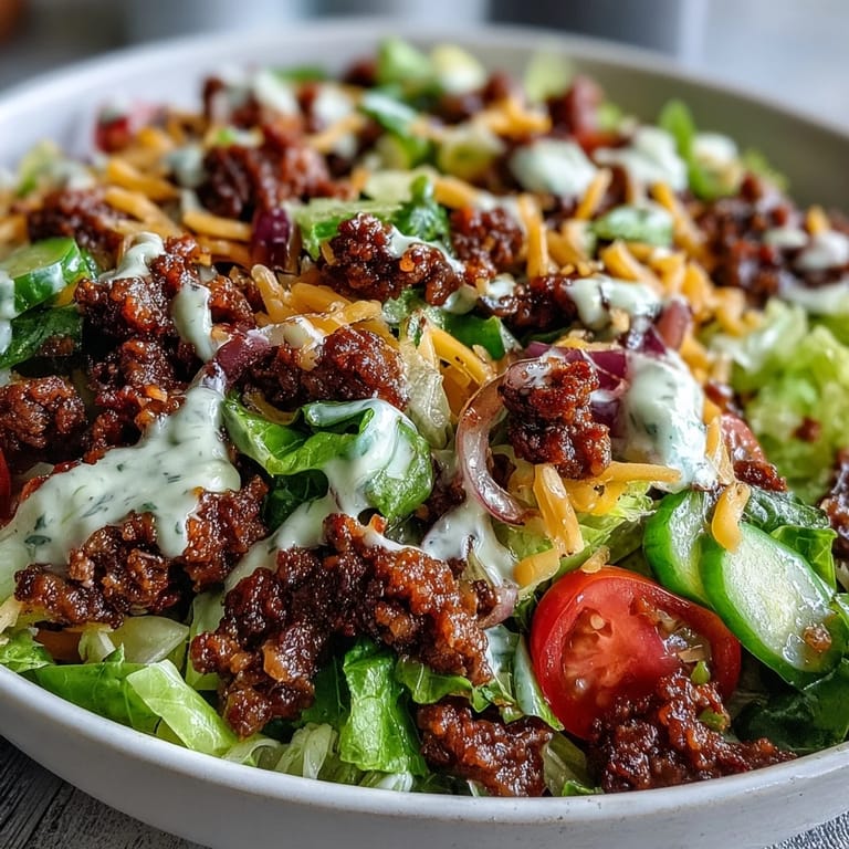 A colorful deconstructed Easy Big Mac in a Bowl showcases ground beef, halved cherry tomatoes, red onion slices, and pickles over lettuce with a creamy dressing.
