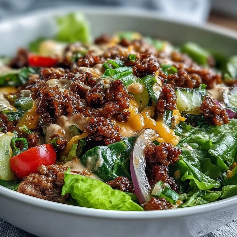 A quick gluten-free Easy Big Mac in a Bowl presents warm seasoned beef atop shredded romaine, finished with tomatoes, onions, and a tangy special sauce.