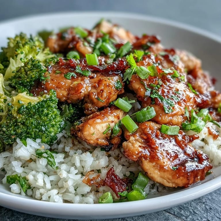 A family-style serving of One Pan Honey Garlic Chicken Broccoli Rice is ready to eat, showing tender chicken, carrots, and crisp broccoli in a glossy sauce.
