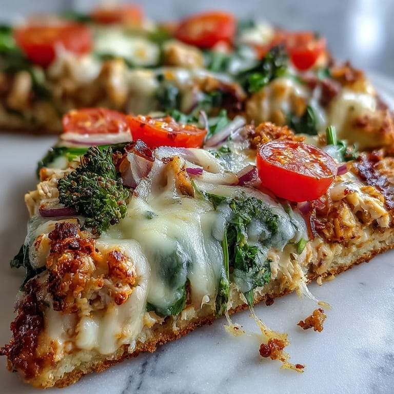 Slice of low-carb Broccoli Chicken Crust Pizza showing a hearty broccoli-chicken base loaded with spinach, cherry tomatoes, and black olives.  