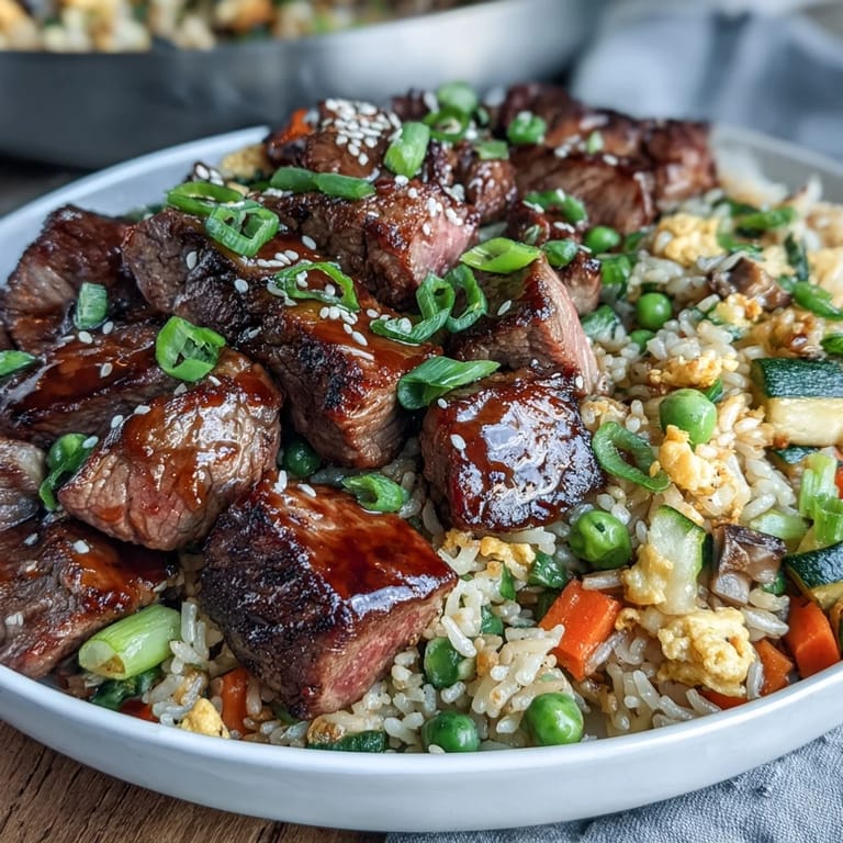 Steam rises from a skillet of Easy Hibachi Steak With Fried Rice, where scrambled eggs, green onions, and savory soy sauce coat the grains and vegetables.