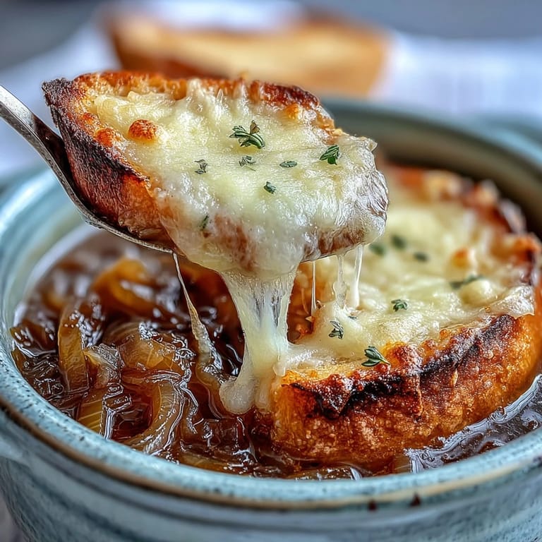 Steaming bowl of Classic French Onion Soup featuring golden, bubbly Gruyère and deeply caramelized onions.