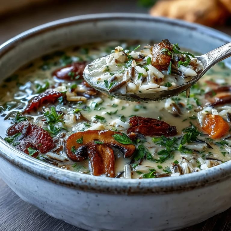Creamy Wild Rice Mushroom Soup in a rustic bowl garnished with fresh parsley, served beside crusty artisan bread.