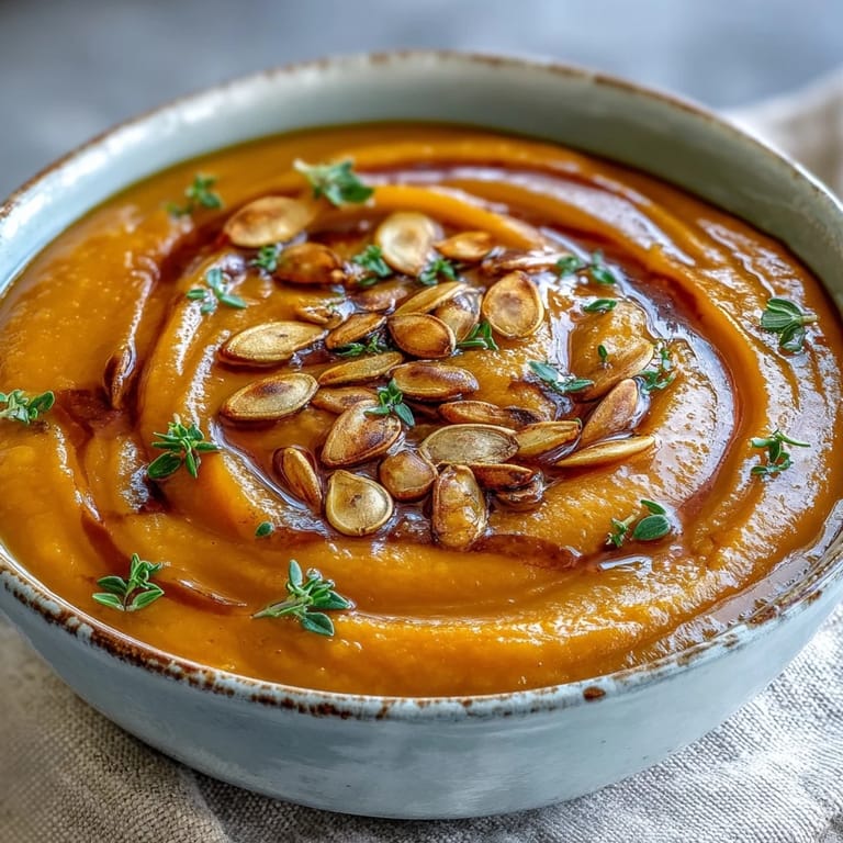 Warm bowl of Butternut Squash Soup, rich with caramelized squash, cinnamon, and nutmeg, topped with pumpkin seeds for a cozy autumn meal.