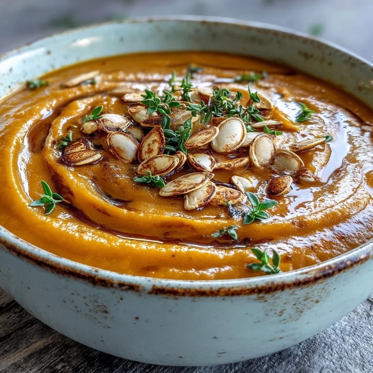 Roasted Butternut Squash Soup is a velvety, golden-orange puree with a sprinkle of seeds for crunch.  
